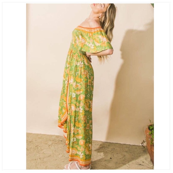 Off the Shoulder Tropical Print Floral Maxi Dress | Smocked Bodice Hi-Lo Hem - Picture 5 of 8